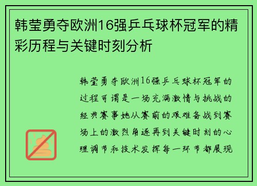 韩莹勇夺欧洲16强乒乓球杯冠军的精彩历程与关键时刻分析